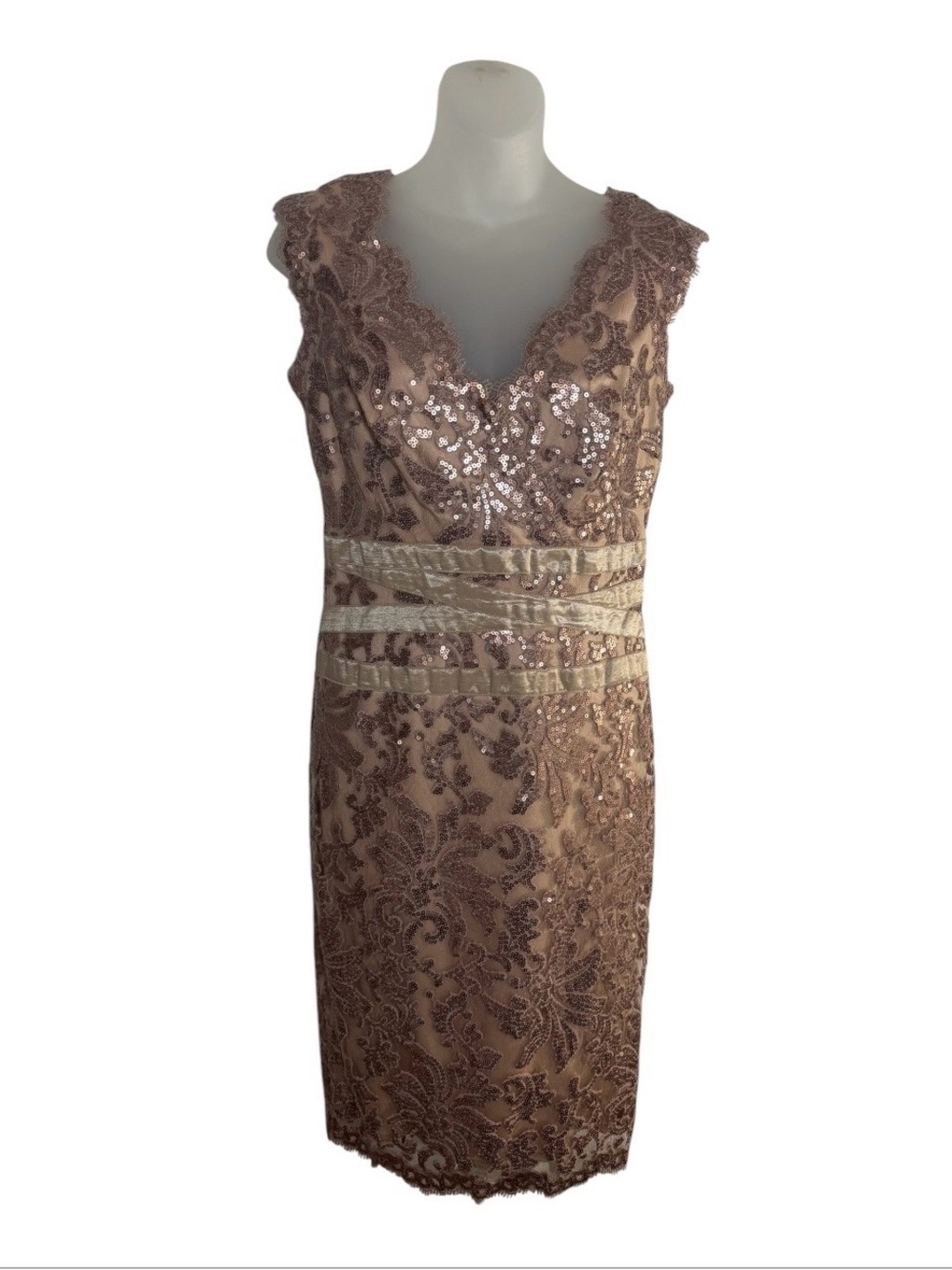 Tadashi Shoji Rose Gold Sequin Lace Dress Size 4 Cocktail Formal Wedding Guest